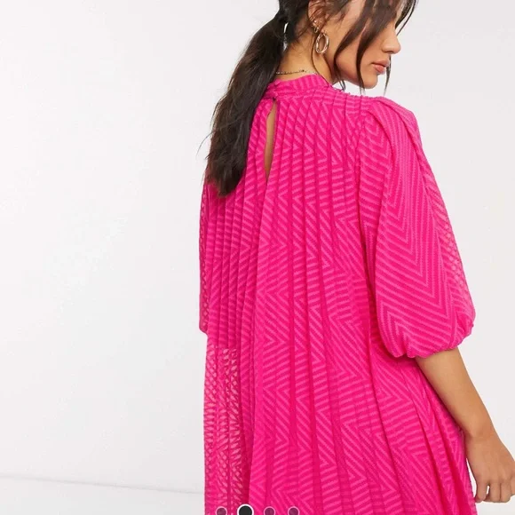 ASOS Pink Pleated Mini Dress with Puff Sleeves - Picture 3 of 3